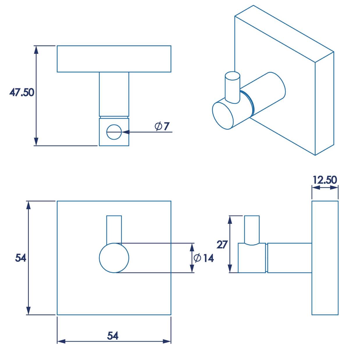 Croydex Chester Robe Hook - Technical drawing