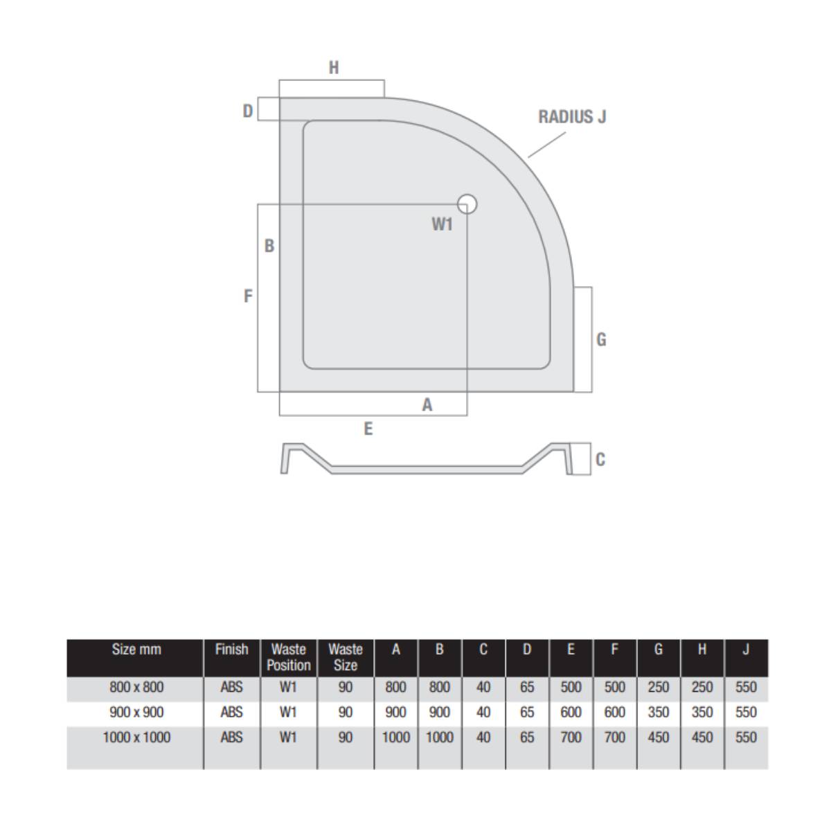 Elements 800mm Quadrant Slim Line Shower Tray - Technical drawing