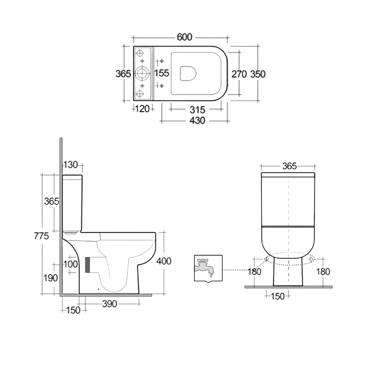 Rak S600 Close Coupled Toilet & Slimline Soft Close Seat - Technical drawing
