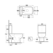 Rak S600 Close Coupled Toilet & Slimline Soft Close Seat - Technical drawing