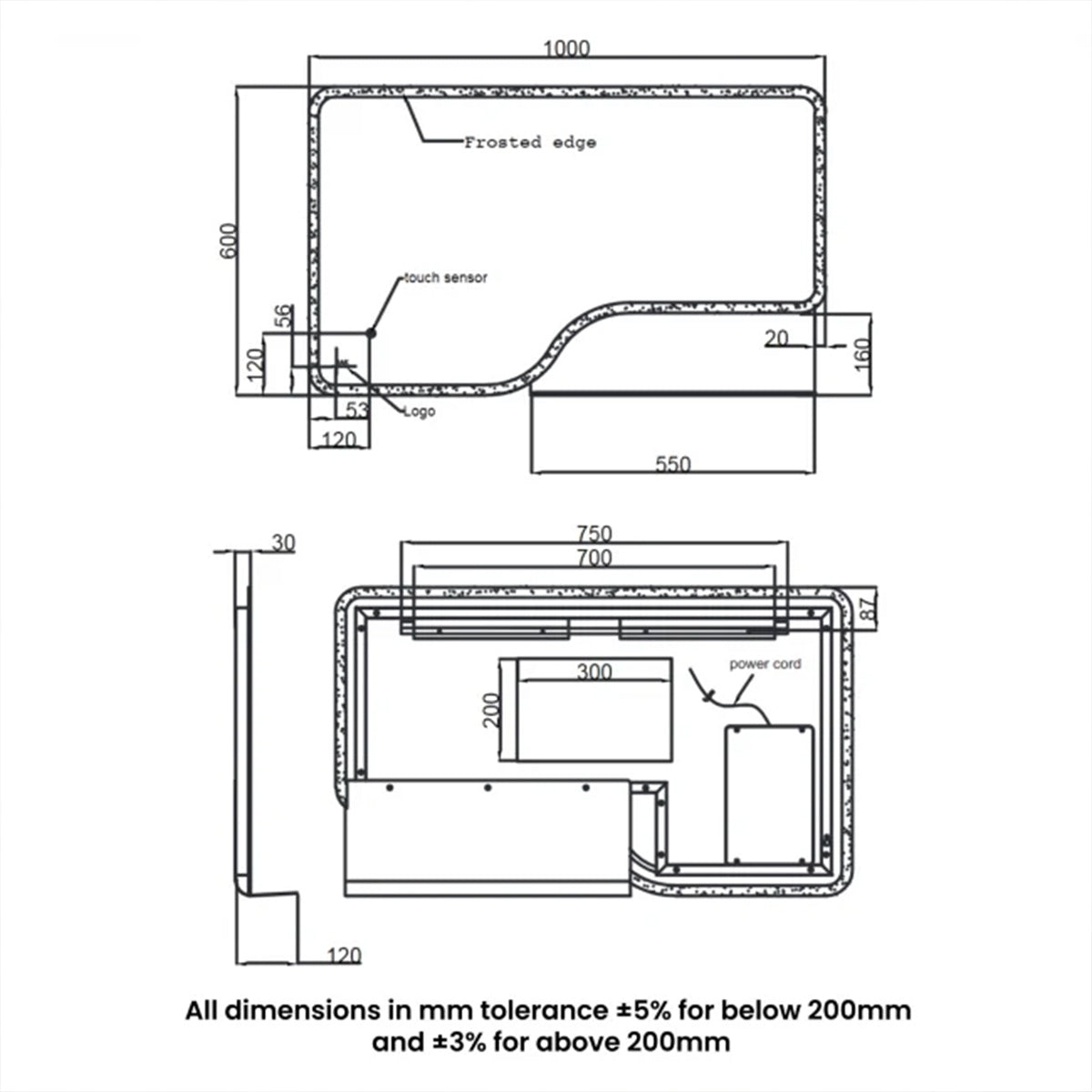 RAK Ornate 600mm x 1000mm LED Illuminated Bathroom Mirror with Demister - Matt Black - Technical drawing
