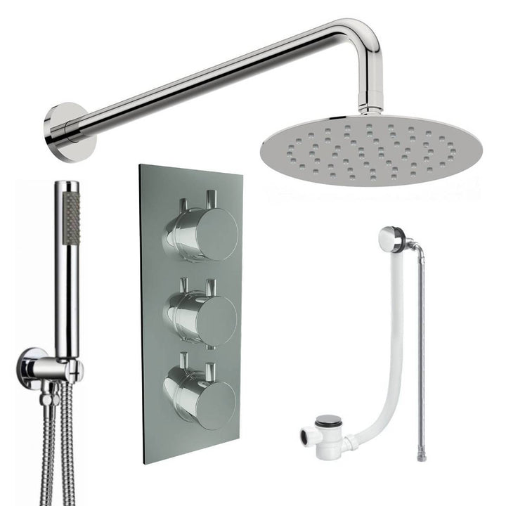 Round Triple Thermostatic Concealed Mixer Shower Kit with Wall Mounted 300mm Shower Head, Handset &amp; Overflow Filler