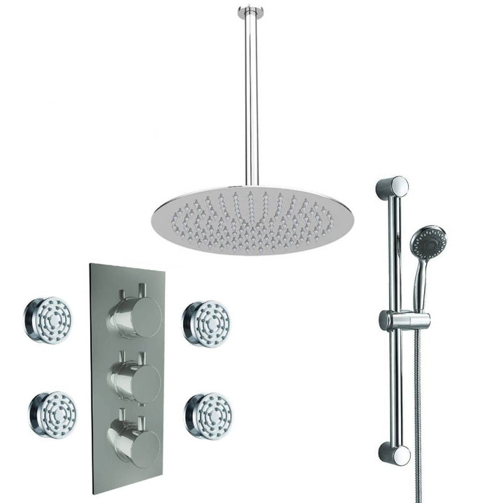 Round Triple Thermostatic Concealed Mixer Shower Kit with Ceiling Mounted 200mm Shower Head, Slide Rail Kit &amp; Body Jets