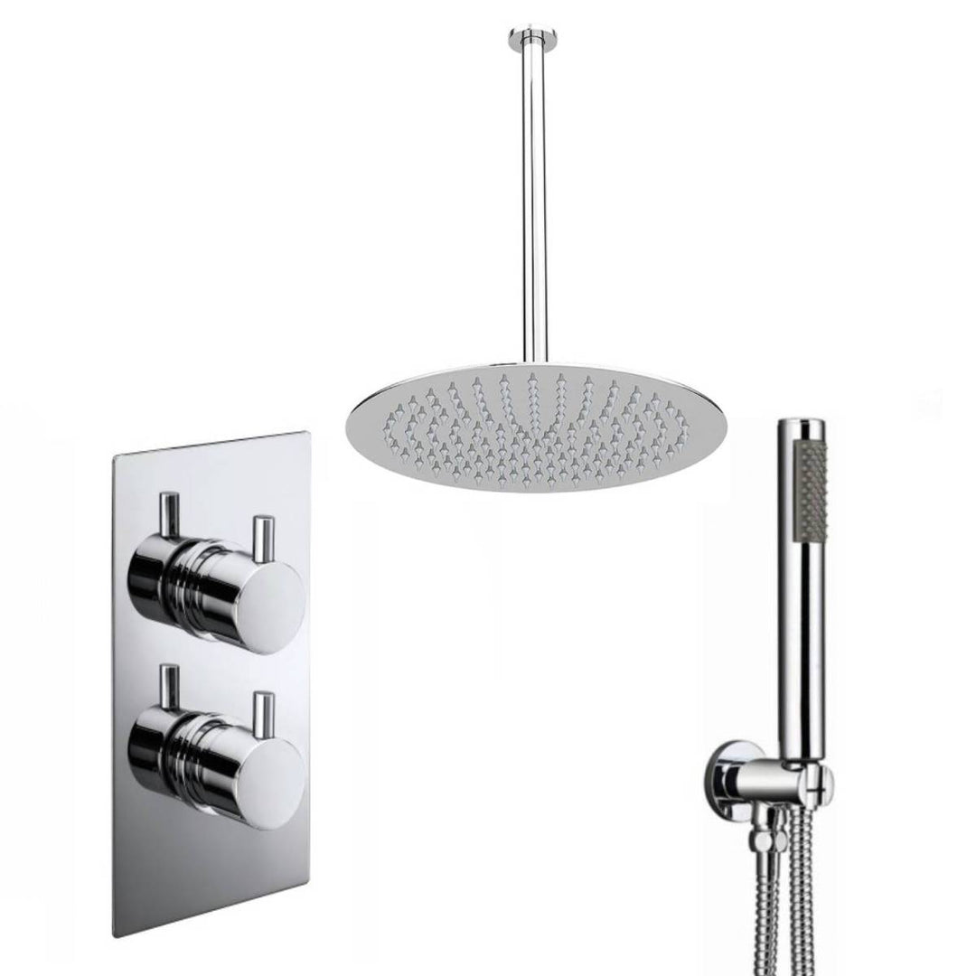 Round Twin Thermostatic Concealed Mixer Shower Kit with Ceiling Mounted 200mm Shower Head &amp; Handset