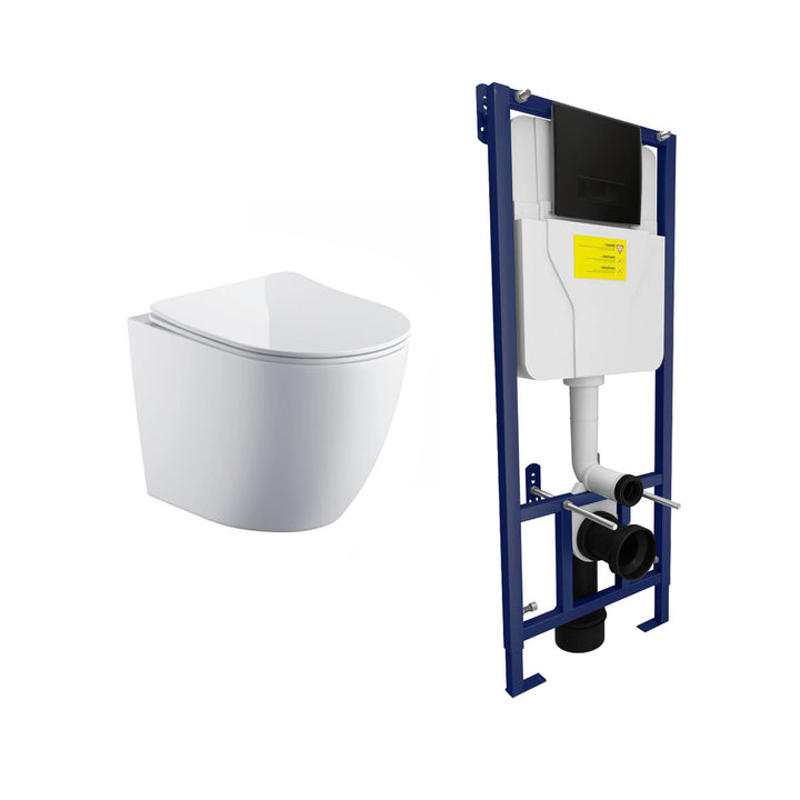 Remo Wall Hung Toilet &amp; SAN85 1.1m Wall Hung WC Frame Deal &amp; Black Flush Plate