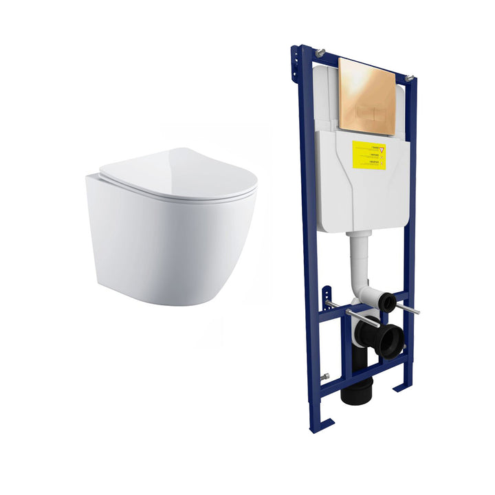 Remo Wall Hung Toilet &amp; SAN85 1.1m Wall Hung WC Frame Deal &amp; Brushed Brass Flush Plate