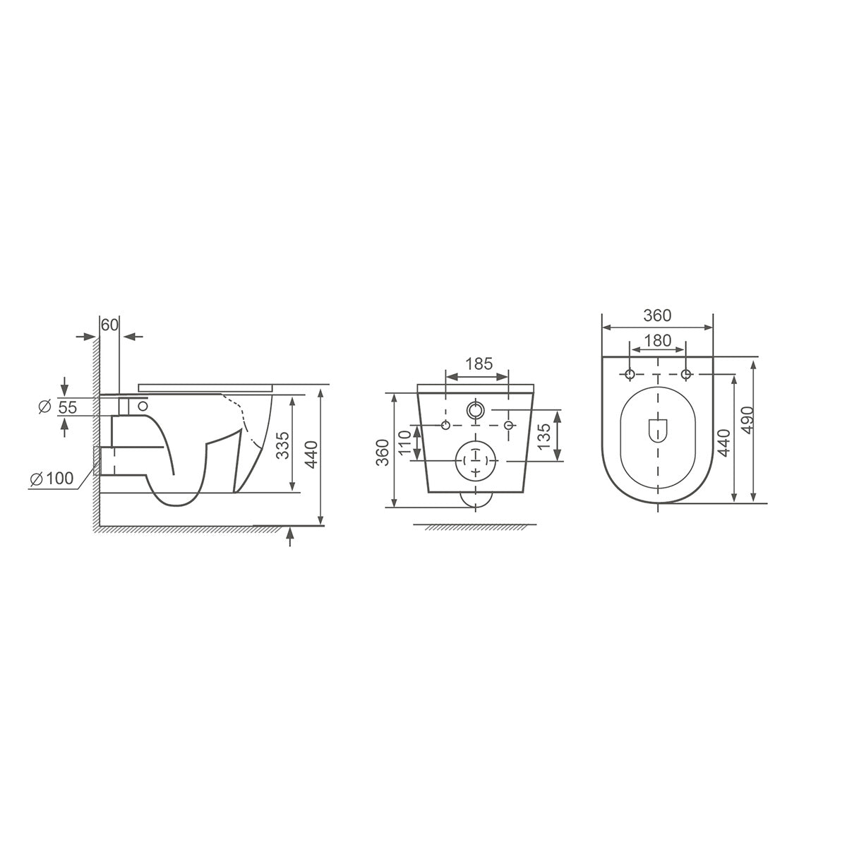 Remo Wall Hung Toilet & SAN85 1.1m Wall Hung WC Frame Deal & Black Flush Plate - Technical drawing