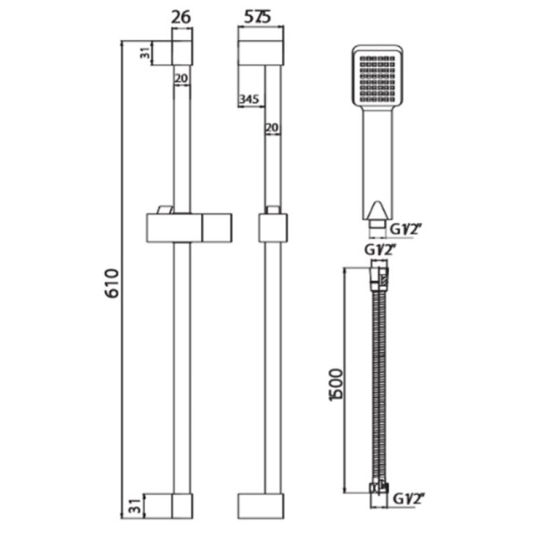 Eliseo Ricci Square Slide Rail Kit with Paddle Handset