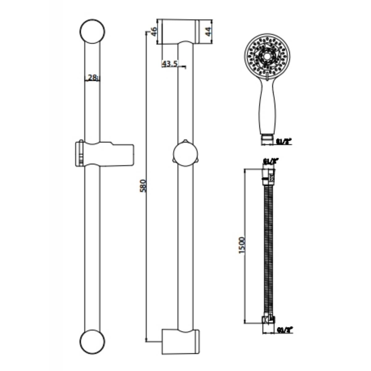 Eliseo Ricci Round Slide Rail Kit with Multi-Function Handset - Technical drawing