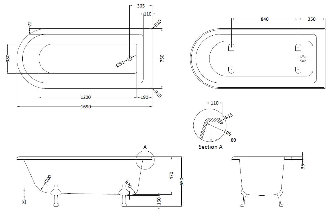Hudson Reed Winterburn 1700mm Free Standing Bath & Deacon Legset RLF1700M1 - Technical drawing