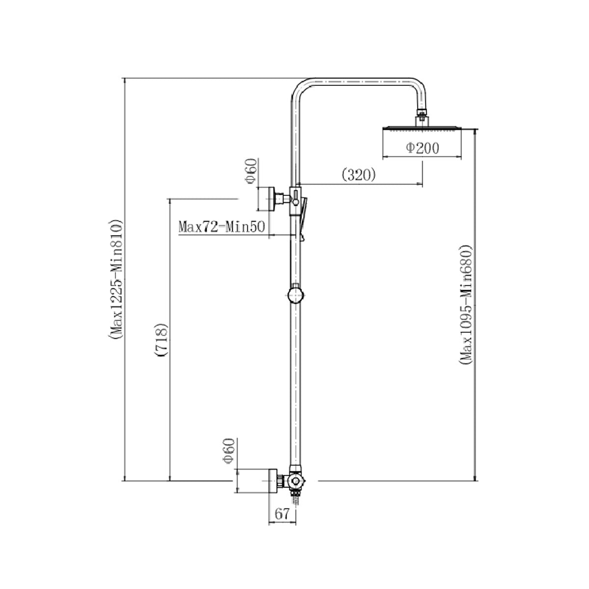 Rotunda Round Brushed Brass Thermostatic Shower Set - Technical drawing