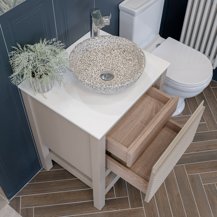 Josef Martin Roxbury 600mm Reeded Washstand &amp; Glacier White Worktop - Sand