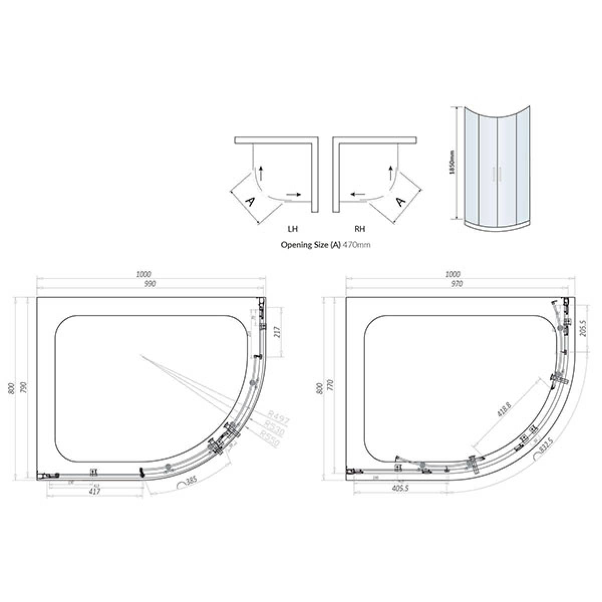 Kiimat Six² 1000 x 800mm Offset Quadrant Shower Enclosure - Technical drawing