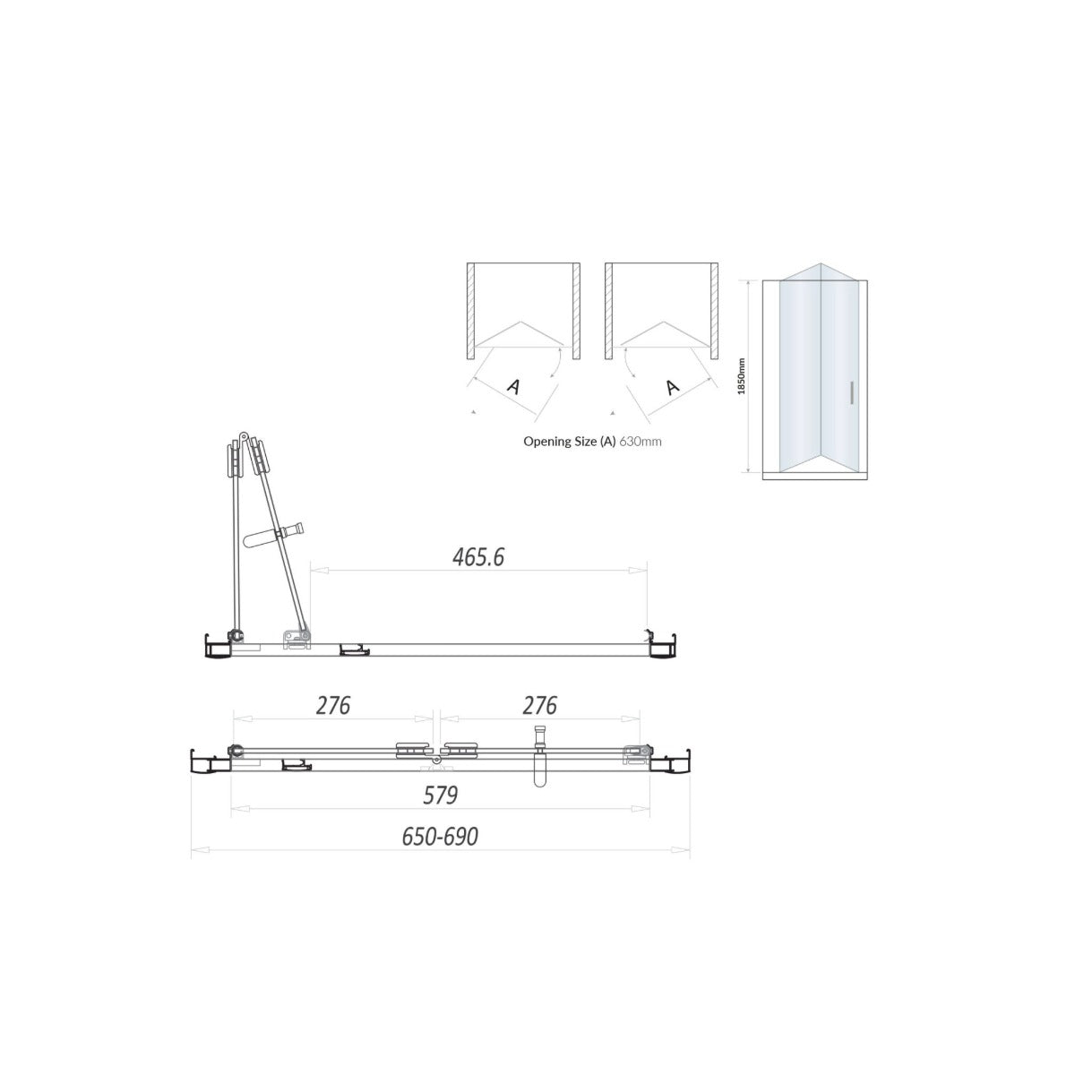 Kiimat Six 700mm Semi Frameless Bi-Fold Shower Door - Technical drawing