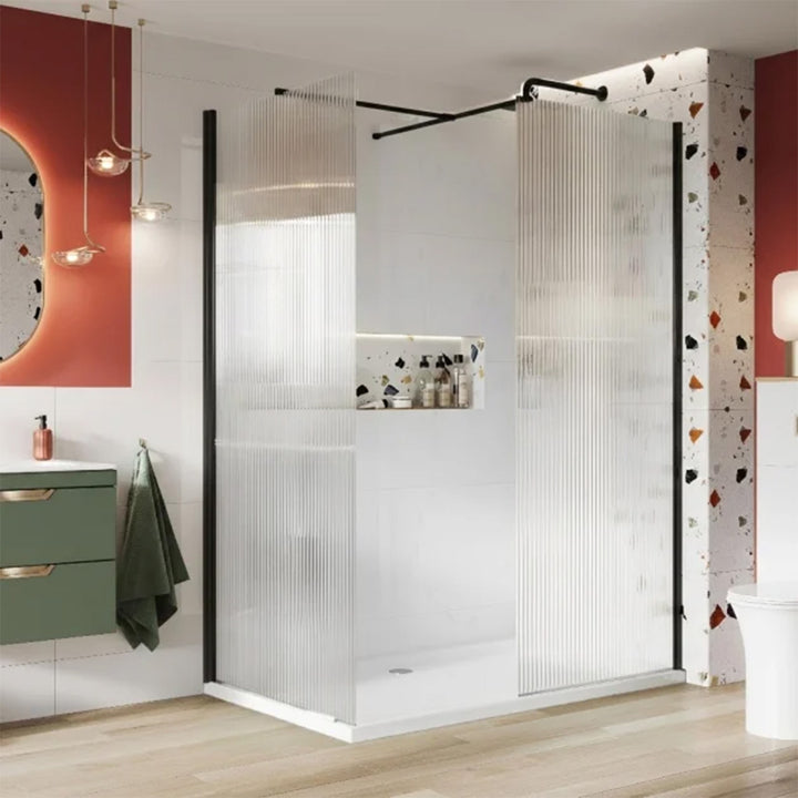 Kiimat Aqua 8mm Fluted Glass Wetroom Panel 900mm with Black Profile