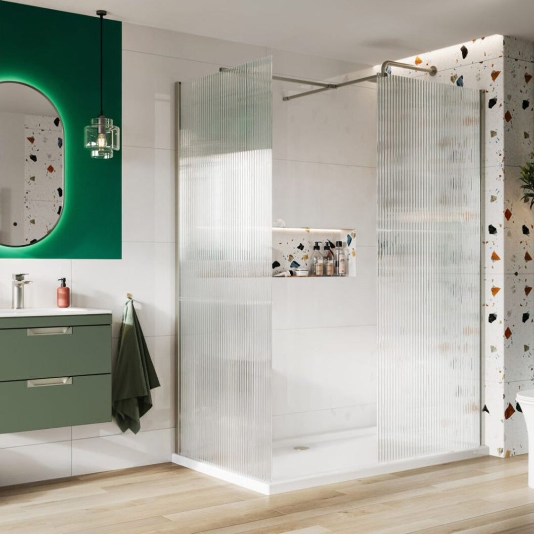 Kiimat Aqua 8mm Fluted Glass Wetroom Panel 1100mm with Brushed Nickel Profile