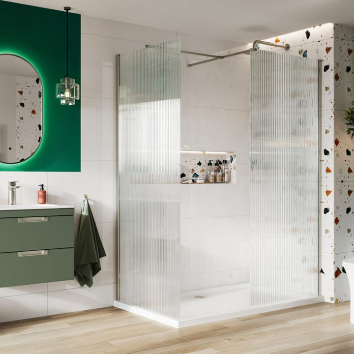 Kiimat Aqua 8mm Fluted Glass Wetroom Panel 1100mm with Brushed Nickel Profile