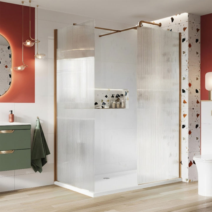 Kiimat Aqua 8mm Fluted Glass Wetroom Panel 800mm with Brushed Bronze Profile