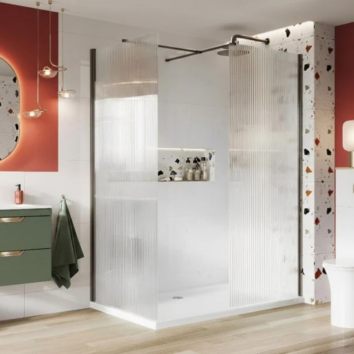 Kiimat Aqua 8mm Fluted Glass Wetroom Panel 1200mm with Gun Metal Profile