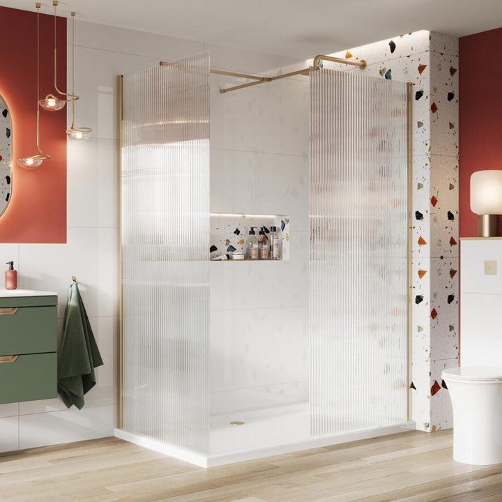 Kiimat Aqua 8mm Fluted Glass Wetroom Panel 1200mm with Brushed Brass Profile