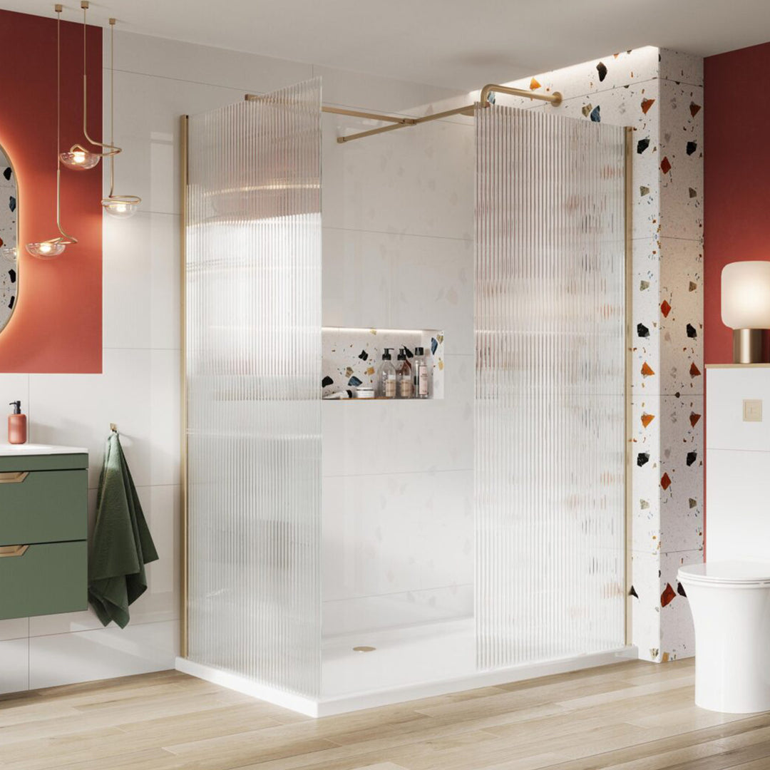 Kiimat Aqua 8mm Fluted Glass Wetroom Panel 900mm with Brushed Brass Profile