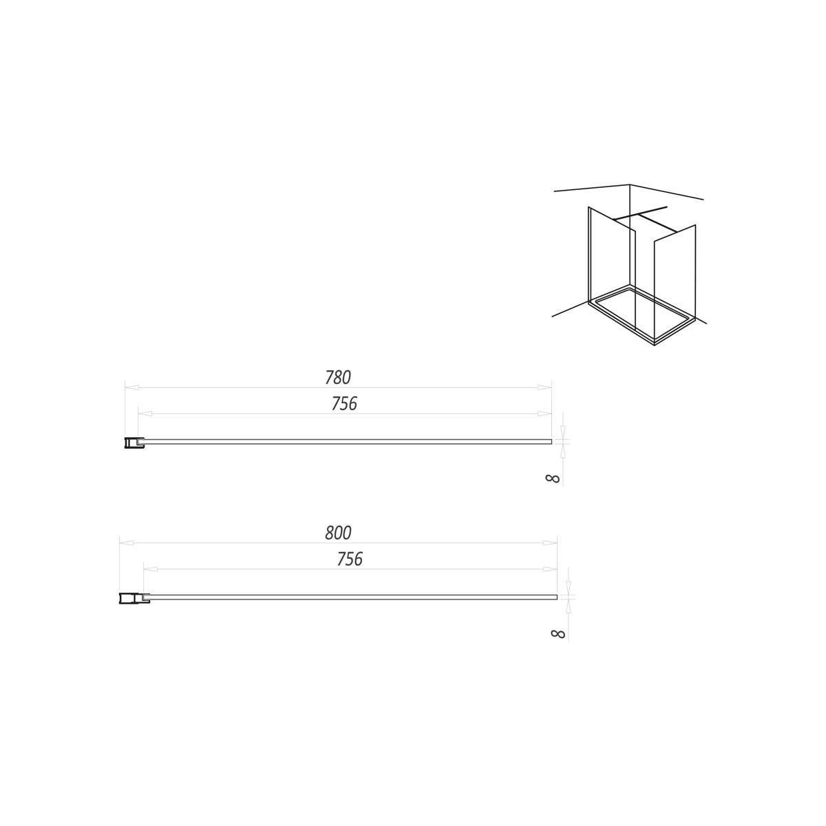 Kiimat Aqua 800mm Wetroom Panel - Brushed Brass - Technical drawing