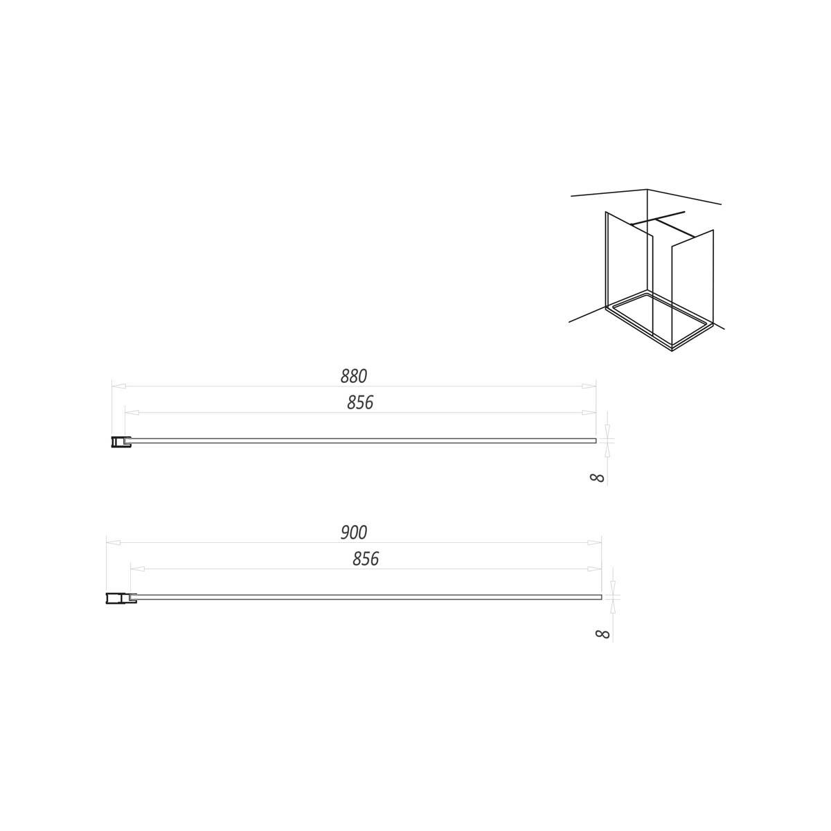 Kiimat Aqua 900mm Wetroom Panel - Brushed Brass - Technical drawing