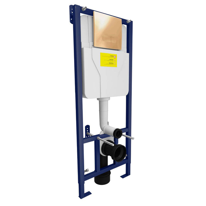 Munich Wall Hung Toilet &amp; SAN85 1.1m Wall Hung WC Frame Deal &amp; Brushed Brass Flush Plate