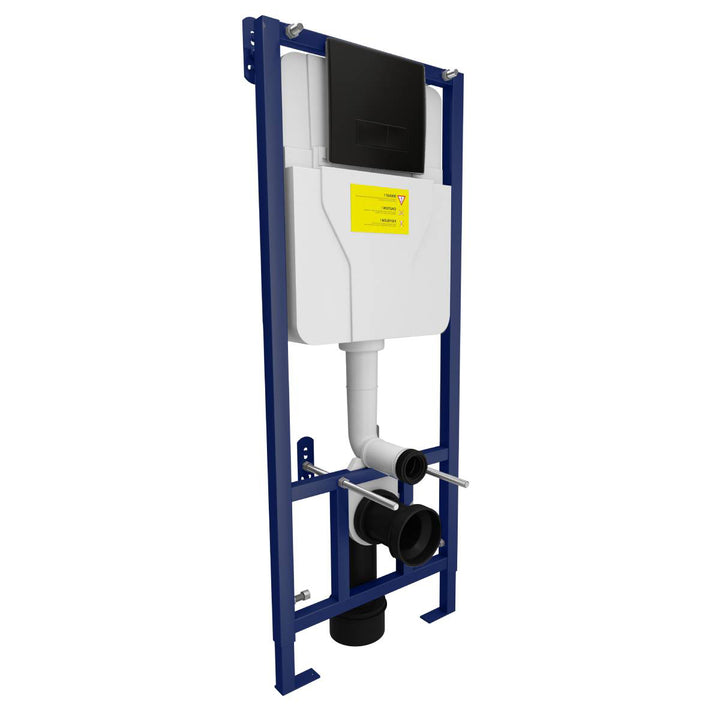Arc Rimless Black Wall Hung Toilet &amp; SAN85 1.1m Wall Hung WC Frame Deal &amp; Black Flush Plate