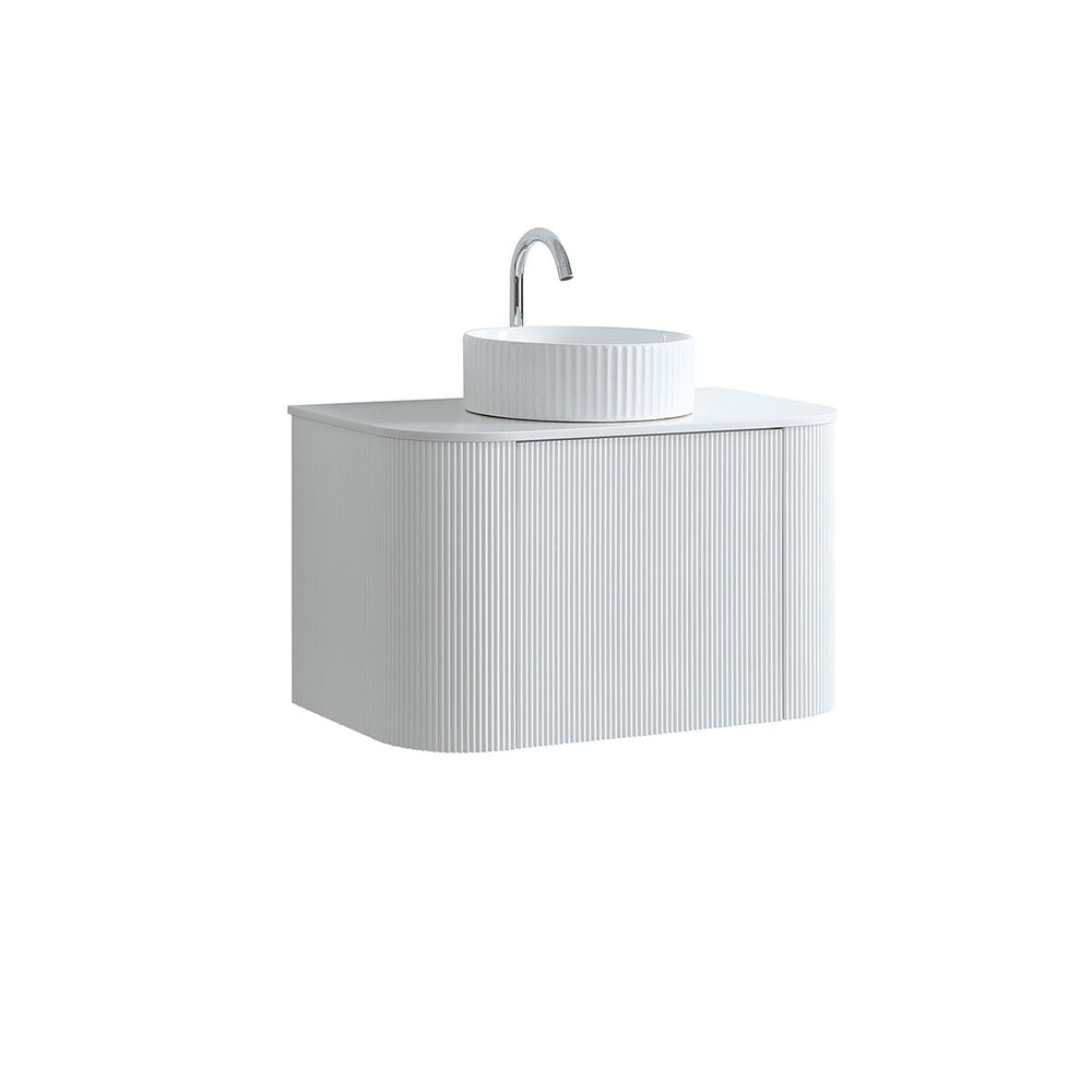 Santorini Curved 800mm Fluted Wall Mounted one Drawer Vanity Unit Matt White with Worktop