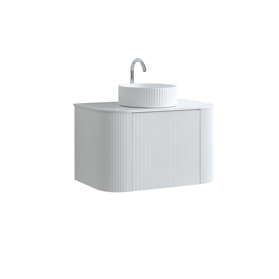 Santorini Curved 800mm Fluted Wall Mounted one Drawer Vanity Unit Matt White with Worktop