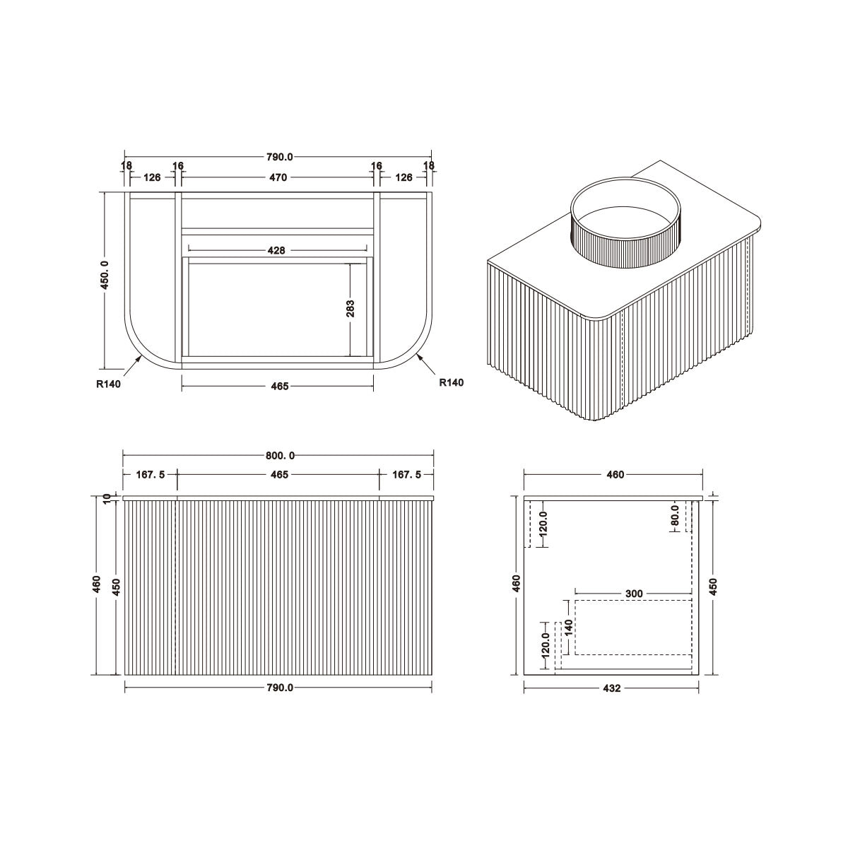 Santorini Curved 800mm Fluted Wall Mounted one Drawer Vanity Unit Matt White with Worktop - Technical drawing
