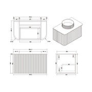 Santorini Curved 800mm Fluted Wall Mounted one Drawer Vanity Unit Matt White with Worktop - Technical drawing