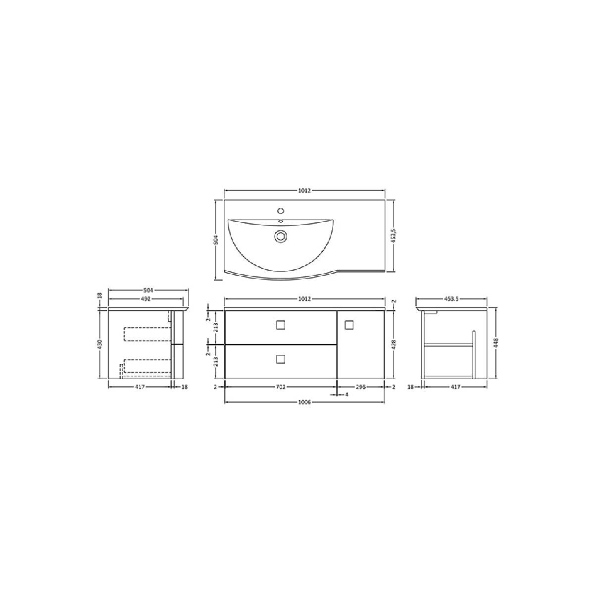 Hudson Reed Sarenna 1000mm Wall Hung Vanity Unit & Basin - Left Hand - Mineral Blue SAR302L - Technical drawing