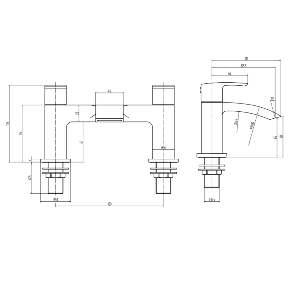Eliseo Ricci Flow Deck Mounted Bath Filler - Brushed Brass - Technical drawing