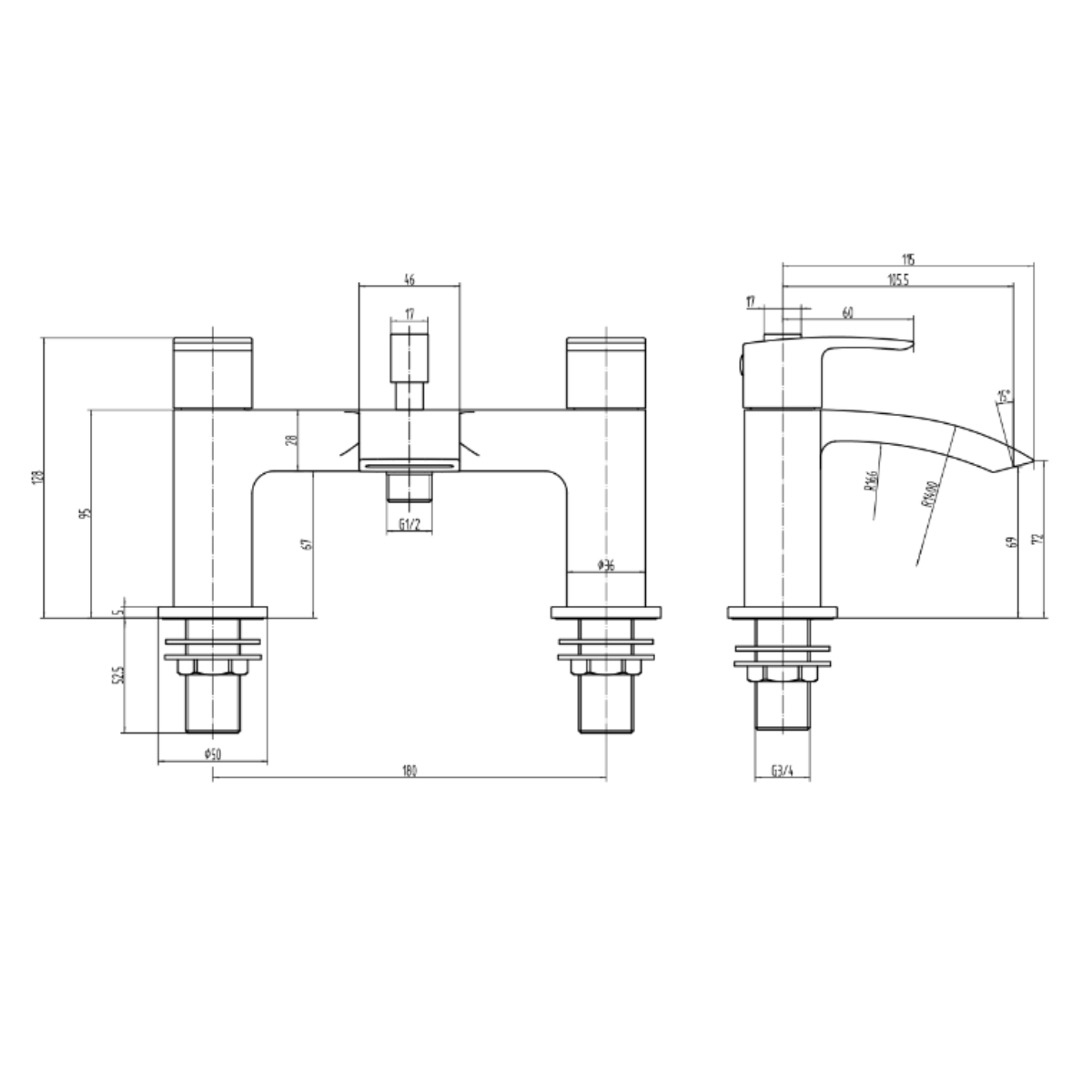 Eliseo Ricci Flow Deck Mounted Bath Shower Mixer - Brushed Brass - Technical drawing