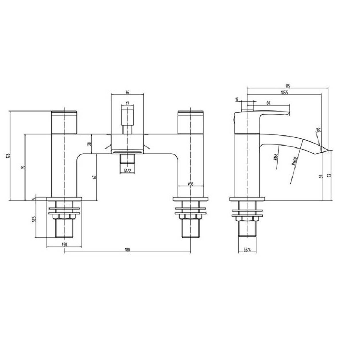 Eliseo Ricci Flow Bath Shower Mixer - Matt Black - Technical drawing