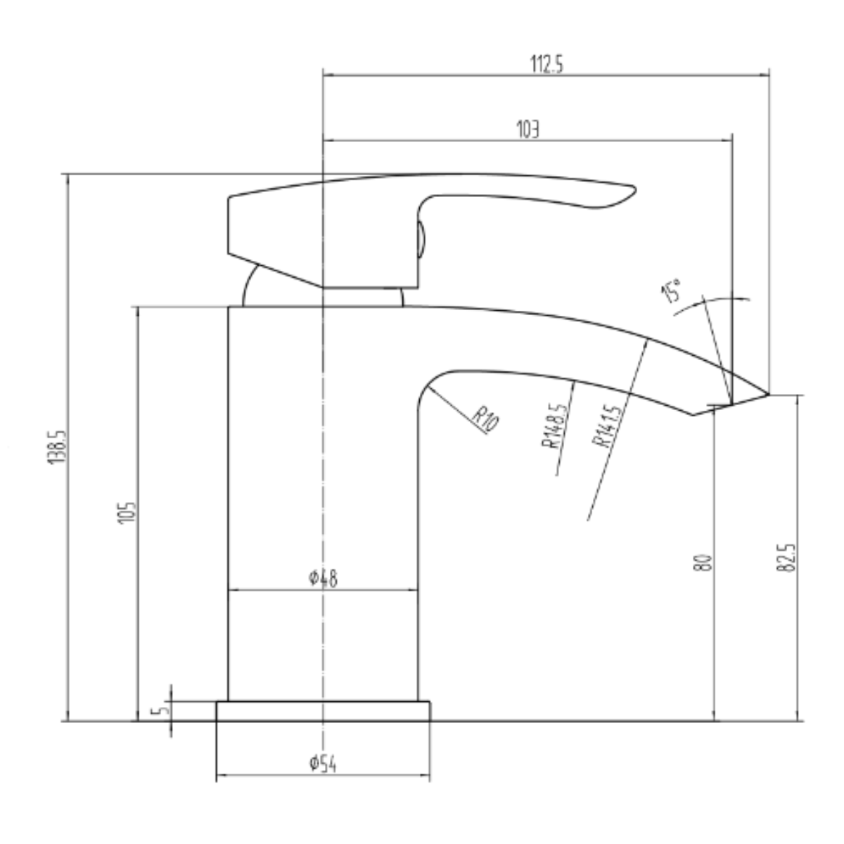 Eliseo Ricci Flow Mono Basin Mixer (inc. Sprung Waste) - Brushed Brass - Technical drawing