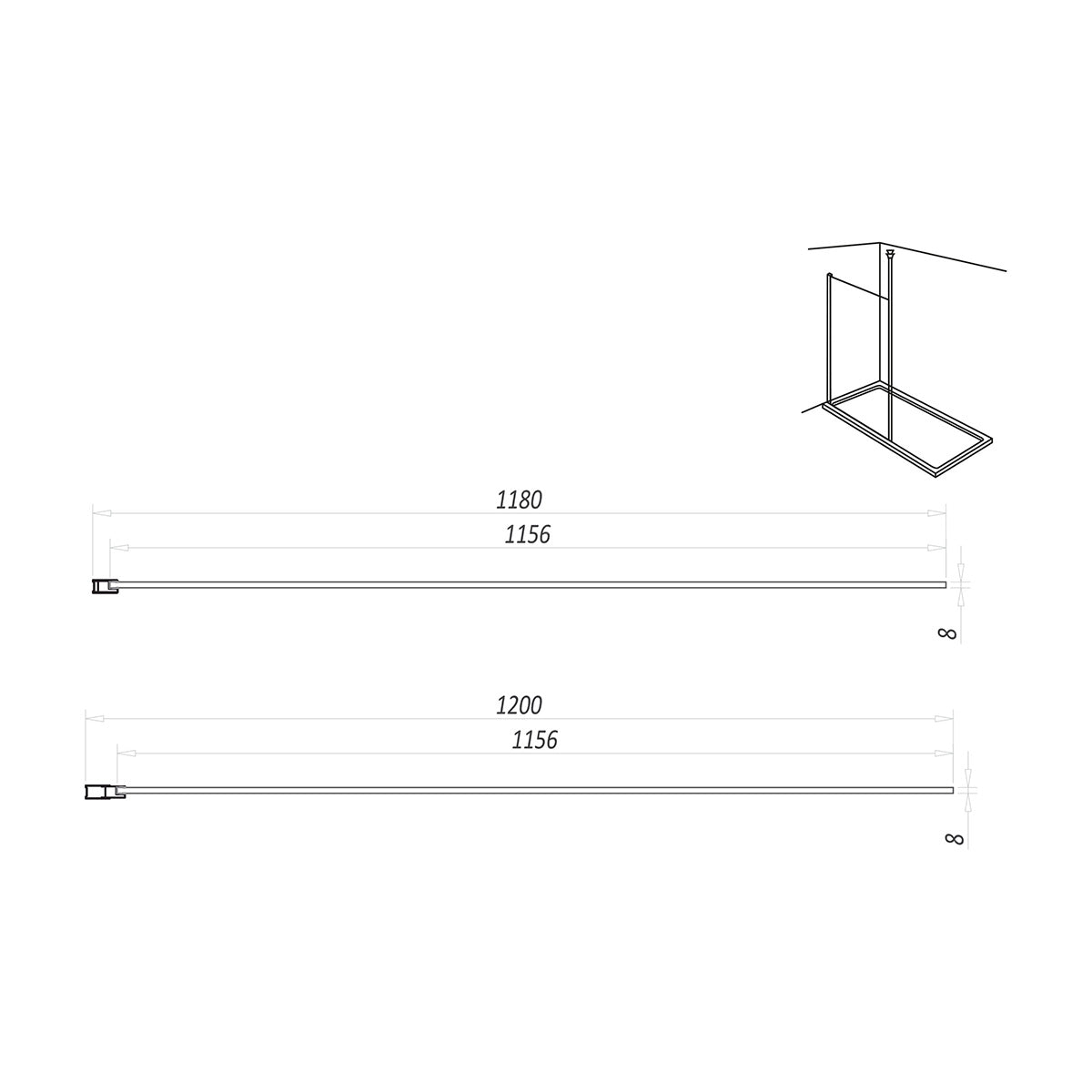 Kiimat Aqua 1200 x 2000mm Wetroom Panel - Technical drawing