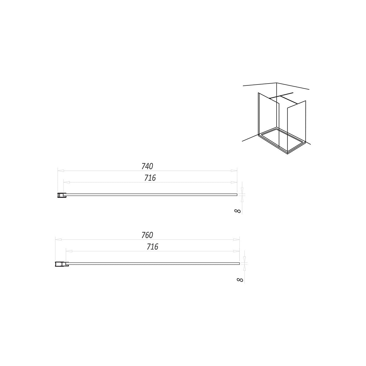 Kiimat Aqua 760 x 2000mm Wetroom Panel - Technical drawing