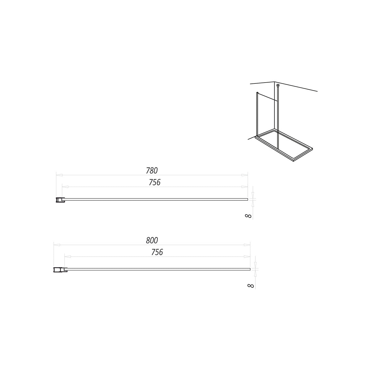 Kiimat Aqua 800 x 2000mm Wetroom Panel - Technical drawing