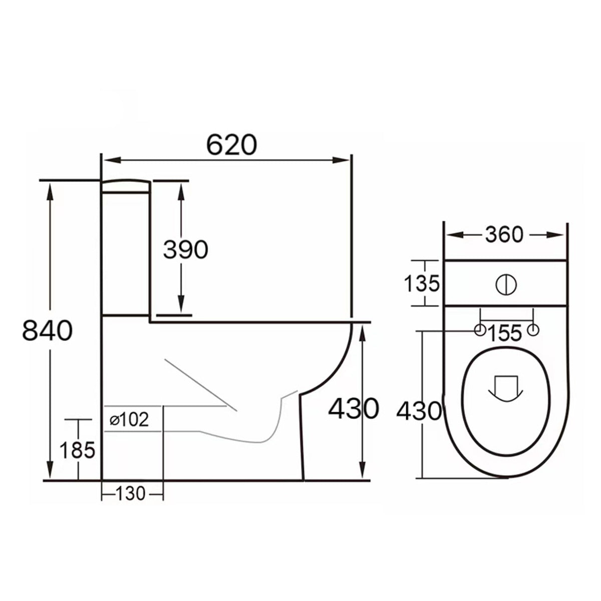 Shandon Close Coupled Fully Back to Wall Toilet with Cyclone Flush & Soft Close Seat - Technical drawing