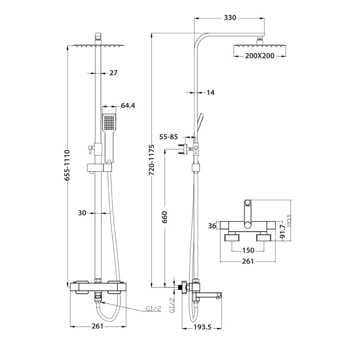 Block Square Rigid Riser Shower with Bath Filler - Technical drawing