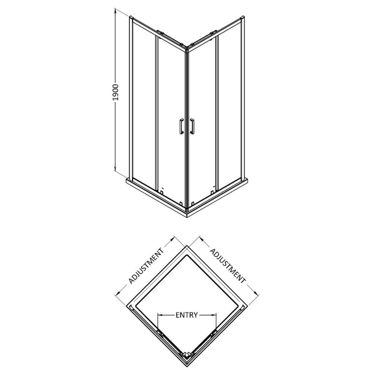 Nuie 800 x 800mm Corner Entry 6mm Enclosure 1900mm - Polished Chrome - Technical drawing