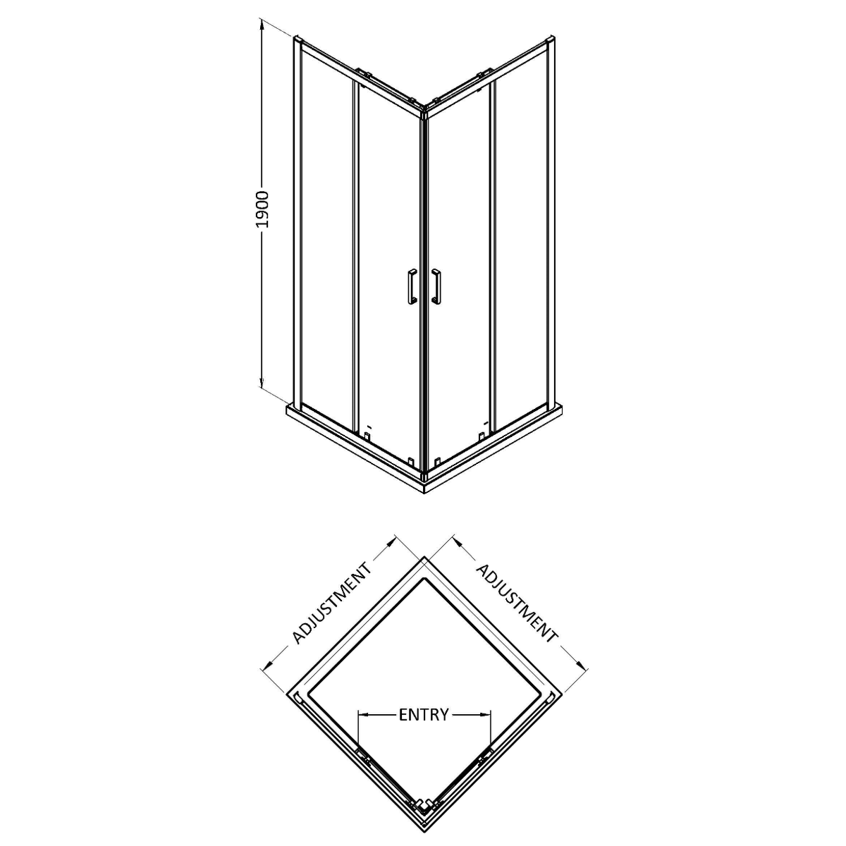 Nuie 900mm x  900mm Corner Entry 6mm Enclosure 1900mm - Polished Chrome - Technical drawing