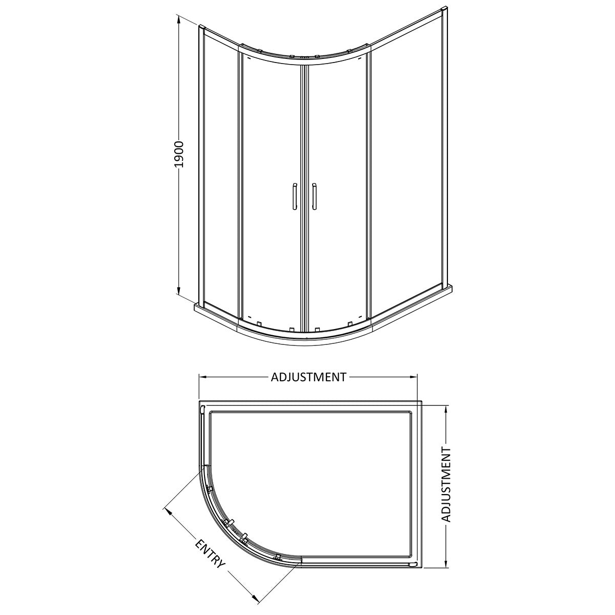Dene Offset Quadrant Shower Enclosure 1900 x 1200mm x 900mm - Brushed Brass - Technical drawing