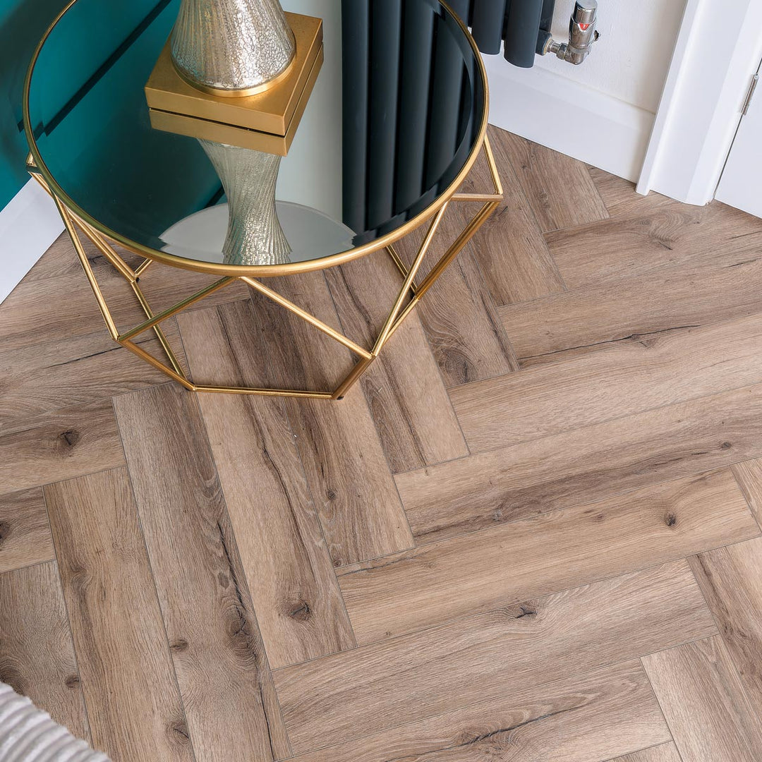 Lusso Floor Mocha Oak Herringbone Luxury Vinyl Flooring - 610 x 122 x 5 mm - 2.23 M2 Per box
