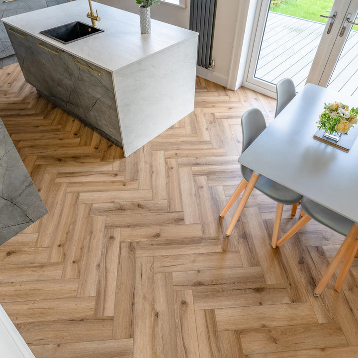 Lusso Floor Mocha Oak Herringbone Luxury Vinyl Flooring - 610 x 122 x 5 mm - 2.23 M2 Per box