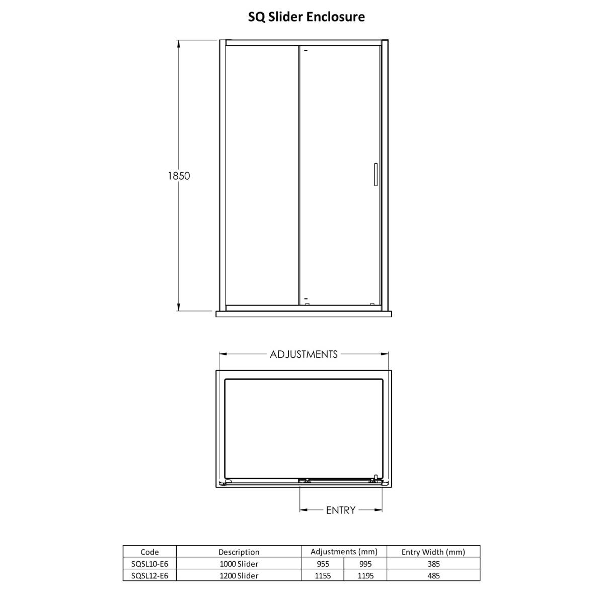 Nuie Pacific 1200mm Sliding Shower Door - Black - Technical drawing