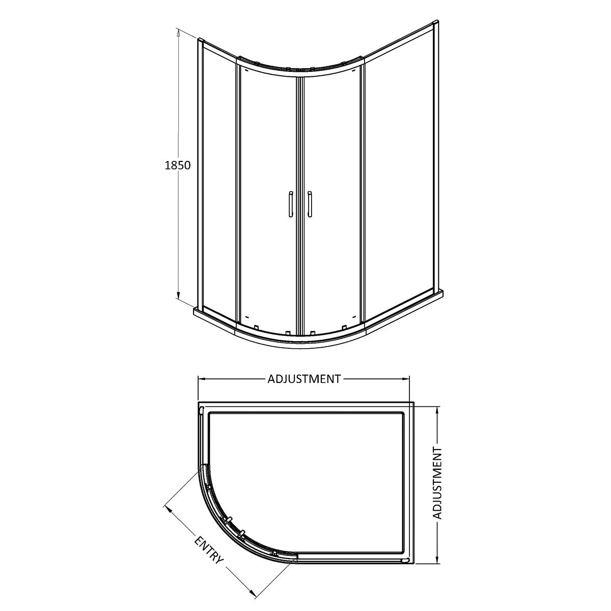 Nuie Rene 1200 x 800mm Offset Quadrant Shower Enclosure - Matt Black - Technical drawing